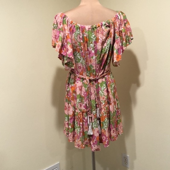 Rachel Zoe Mini Dress Size Medium Pink Floral Ruffle OTS Off Shoulder - Picture 4 of 7